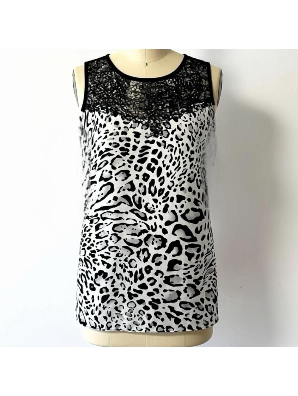 Cache Black and White Leopard Print Sleeveless Top Size L